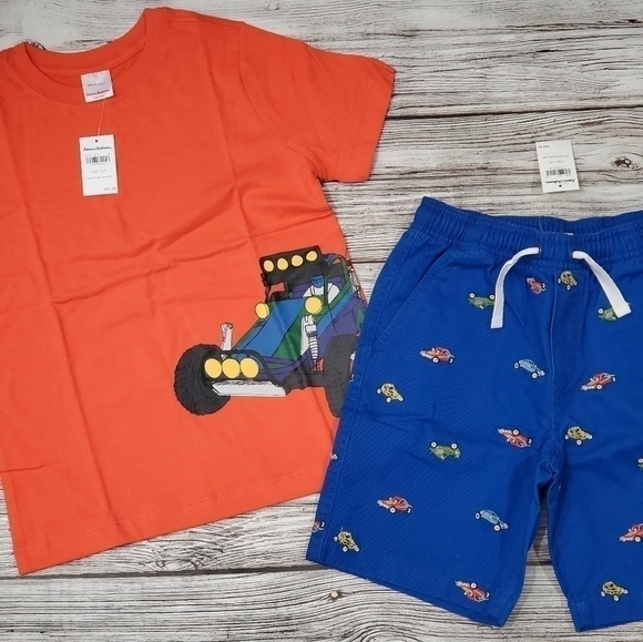 Hanna Andersson Other - Hanna Andersson Organic Cotton Outfit Race Cars T-Shirt Embroidered Shorts NWT